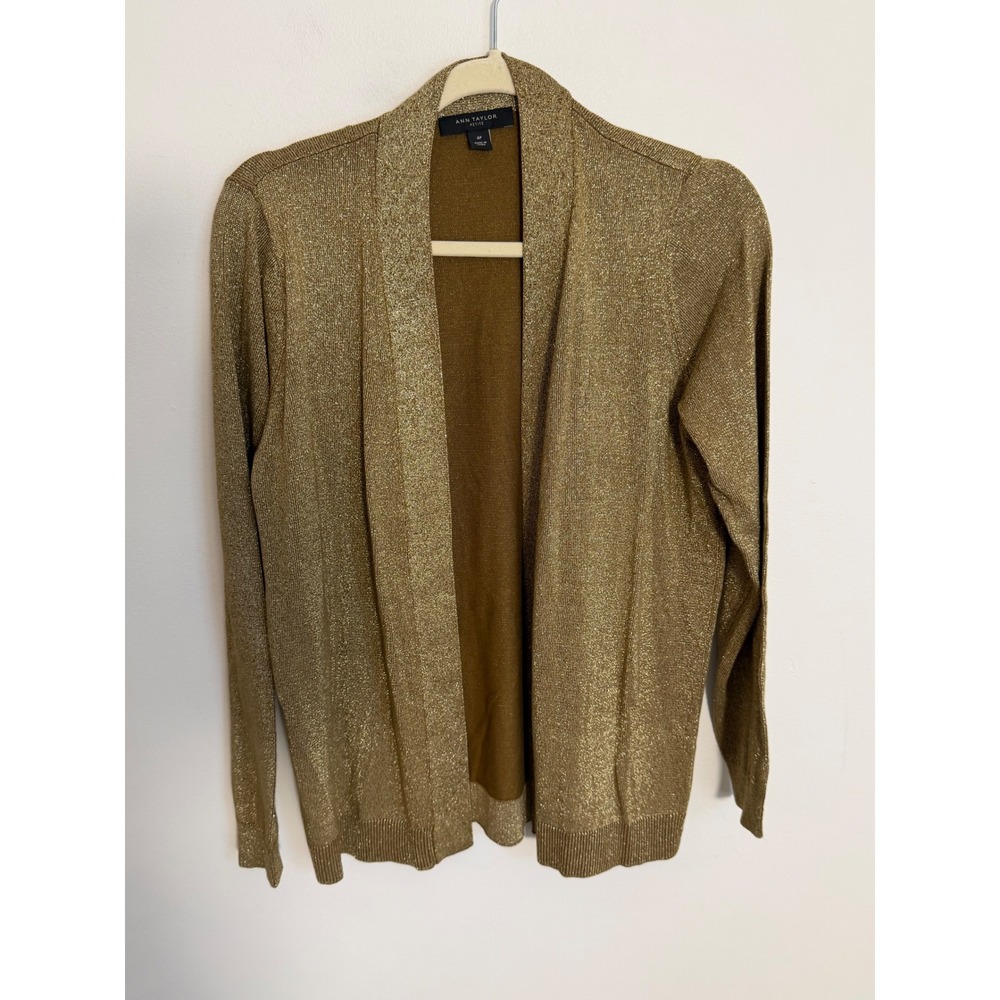 Ann Taylor Petite Gold Metallic Open Front Cardigan Sweater Size MP Medium P